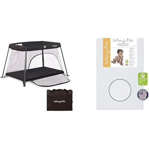 Dream On Me Travel Light Playard with Mesh Zipper Door and Holly 3” Fiber Mini Crib Mattress