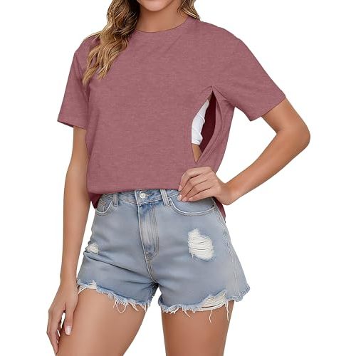 UNIQUEONE Comfort Breastfeeding Shirts for Women Zip Nursing Tops Casual Distressed Acid Washed Maternity Tees