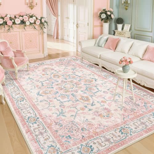 CAPALOCA Machine Washable Rugs Nursery Rug 6x9 Cute Girl Non Slip Low Pile Water Repellent Soft Print Pattern for Bedroom Indoor Decor Kids Playroom Pink Teal