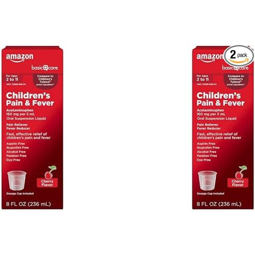 Amazon Basic Care Children's Pain and Fever, Acetaminophen 160 mg per 5 mL Oral Suspension, Dye-Free Cherry Flavor, 8 fl oz (Pack of 2)