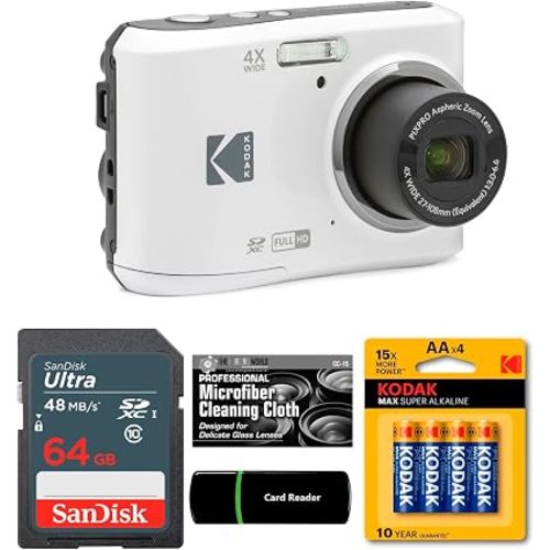 Kodak PIXPRO FZ45 16MP Digital Camera 4X Optical Zoom 27mm Wide Angle 1080P Full HD Video 2.7" LCD Camera (White) + 64GB Card and Reader + AA Batteries (4-Pack) + Cleaning Cloth