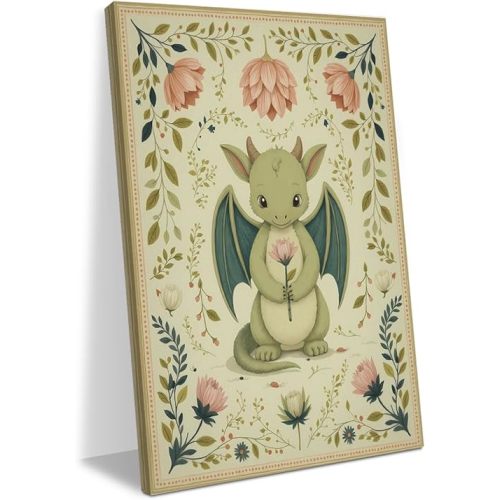 Cute Dragon Nursery Decor Vintage Art Wall Decor Canvas Wall Art Framed Prints Artwork Painting for Whimsical Nursery Rustic Cottage Flowers Decorations Paintings Pictures11.5X14.5Inch