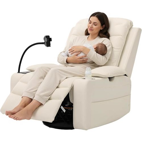 Holaki Rocking Chair Nursery, Oversized Glider Recliner Nursery Chair Swivel Reading Chair with Heated Lumbar Support Smart Cup Holder and Fast-Charging Phone Mount for Breastfeeding(Beige)