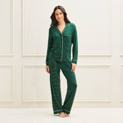 Women's Cloud Knit Modal Long Sleeve Notch Collar Top and Pants Pajama Set - Auden™ Green/Cream Striped XL