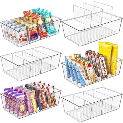 Moretoes 6 Pack Snack Organizers, Pantry Organizer and Storage, Clear Food Storage Organizer Bins, Plastic Fridge Organizer and Cabinet Organizer for Kitchen, Condiment, Pouches Food, Packets Spices