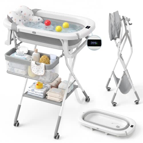 Orzbow Collapsible Baby Bathtub with Stand, Adjustable Height,Wheels Design | Baby Bath Tub with Soft Cushion & Thermometer, Bath Station with Storage Tray for Newborn Infant, Folding for Space-Saving