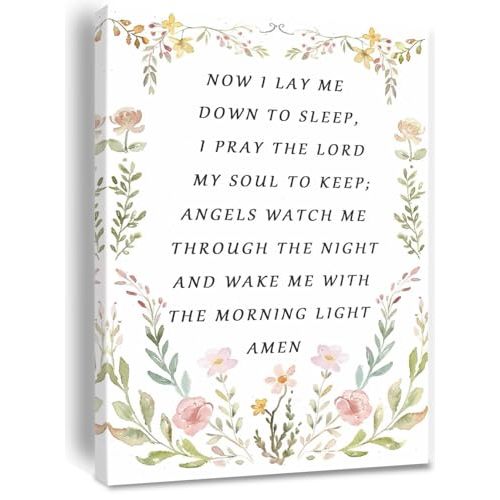 Nursery Bedtime Prayer Baby Room Now I Lay Me Down to Sleep Wildflower Canvas Wall Art Christian Child's Prayer Print Bible Verse Painting Home Decor Baptism Gifts for Girl Framed 8 * 12 inch