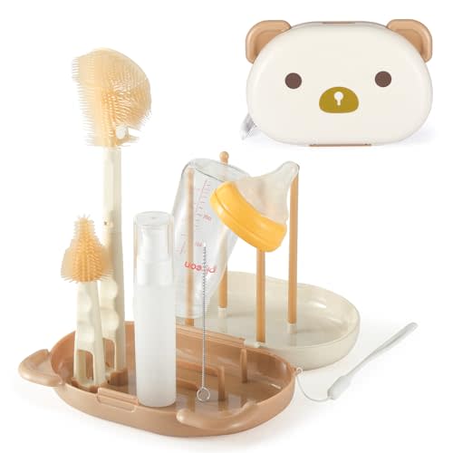 VOOWO Baby Bottle Brush with Drying Rack, Portable Travel Bottle Cleaner Kit, Silicone Baby Bottle Cleaner Brush Set with Baby Bottle Brush for Cleaning, Nipple Brush, Straw Cleaner (White)
