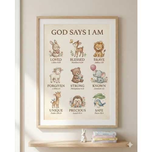 God Says I Am Printable, Christian Nursery Wall Art, Bible Verse Animal Poster, Biblical Affirmations, Christian Nursery Decor