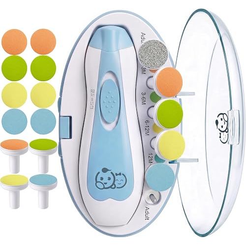 Royal Angels Upgraded 21 in 1 Baby Nail Trimmer with Labeled Case, 12 Extra Replacement Pads, Safe Electric Baby Nail File Kit for Newborns & Toddlers, Whisper Quiet Nail Clipper with LED Light (Blue)