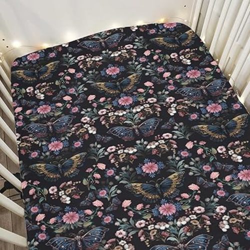 Mystical Moth Floral Baby Crib Sheets for Boy Girl 52x28Inch Whimsical Moth Flowers Soft Snug Fitted Crib Mattress Covers Fantasy Night Garden Baby Sheet for Standard Crib & Toddler Mattress Pad