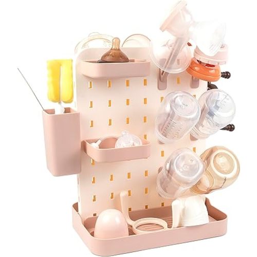 Baby Bottle Drying Rack Space Saving Countertop Vertical Rack with Brushes Holder (Pink)