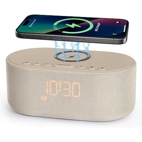 Sound Machine Alarm Clock for Bedrooms: Bluetooth 10W Stereo Sound Speaker with Wireless Charging - White Noise Machine for Sleeping with 21 Soothing Sounds - Putty