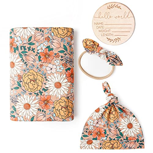 Konssy Baby Girl Newborn Receiving Blanket with Matching Headband and Beanie Set Baby Swaddle Nursery Swaddle Wrap