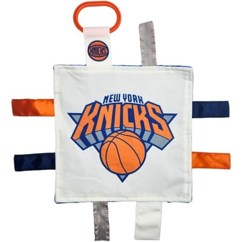 The Learning Lovey New York Knicks Baby Tag Toy - NBA Basketball - Baby Sensory Crinkle Toys - Soft & Safe - Ideal Baby Stroller Toy - BPA Free w/Stroller Clip (8 x 8 Tag Toy)