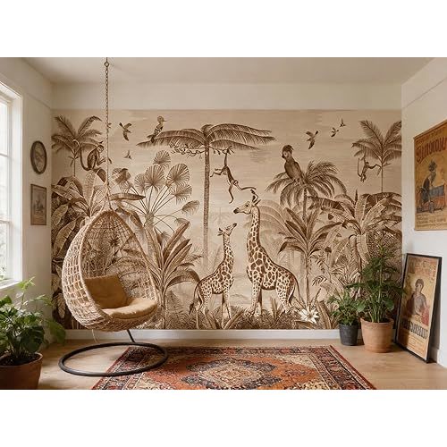 Sepia Jungle Safari Wall Mural – Vintage Tropical Animal Wallpaper with Giraffes, Monkeys, and Birds for Nursery or Living Room