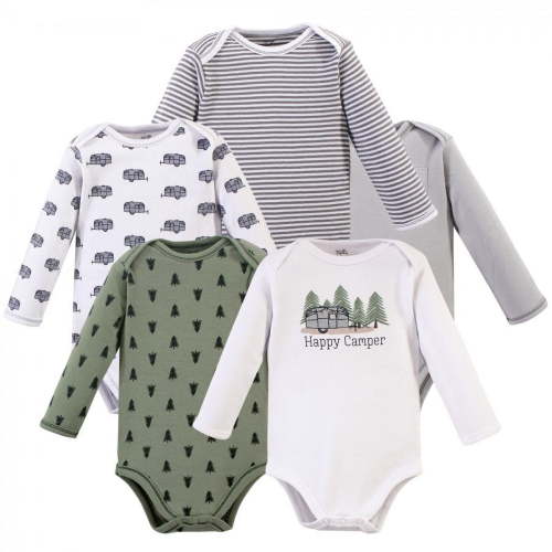 Touched by Nature Baby Boy Organic Cotton Long-Sleeve Bodysuits 5pk, Happy Camper, 6-9 Months