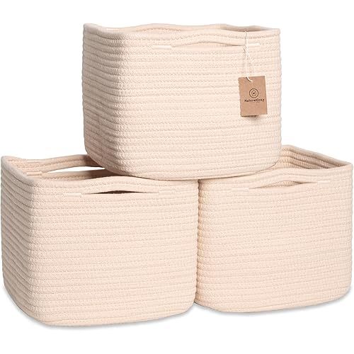 NaturalCozy Storage Cubes 9”x9”x7”Cotton Rope Woven Baskets for Organizing 3-Pack | 9 Inch Cube Storage Bin | Small Basket for Shelf Nursery, Pantry, Decorative Plant, Bathroom Closet, Toy Gift
