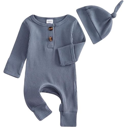 Neutral Baby Clothes Newborn Girl Boy Coming Home From Hospital Outfit Cute Ribbed Knit One-Piece Romper Jumpsuit Hat