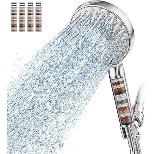 Filtered Shower Head with Handheld, High Pressure 9 Spray Mode Chrome Showerhead with 4 Filters, Detachable Shower Head, Water Softener Filters Beads for Hard Water - Remove Chlorine