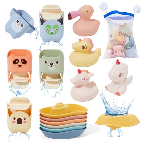 AMCHSURI Baby Bath Toys for Kids Ages 1-3, 15 Pack Mold Free Toddler Bath Toys with Floating Boats & Bath Cups and No Holes Animal Floating Bathtub Water Pool Toys for Babies and Toddlers