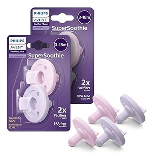 Philips Avent Soothie Baby Pacifiers - 100% Silicone Pacifiers for Babies 3-18 Months, One-piece Design, BPA-Free, Extra Durable, Lilac and Pink, 4 Pack, Model SCF192/70