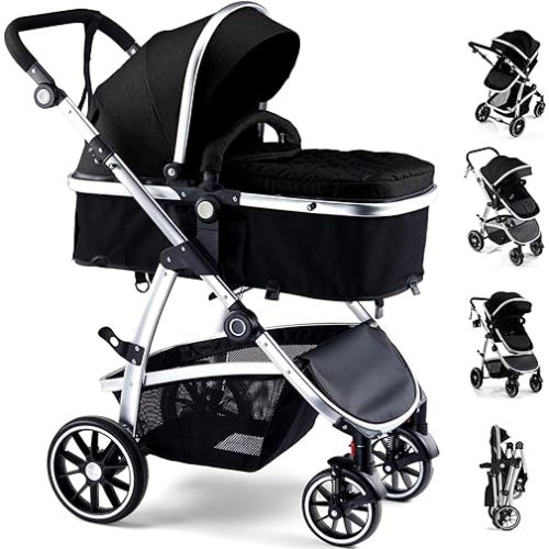 Baby Stroller, 2-in-1 Reversible Toddler Seat with Bassinet Mode, Foldable Infant Stroller with Canopy, One Button Brake, Adjustable Handle, Newborn Pushchair(Black)