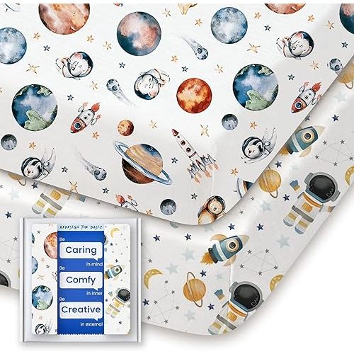 Graco Pack and Play Sheets Fitted, TotBasic Ultra Soft Mini Crib Sheets Boy, Neutral Pack N Play Mattress Sheets Hypoallergenic and Soothing, Premium Jersey Playrad Sheets, 2 Pack(Space Explorer)