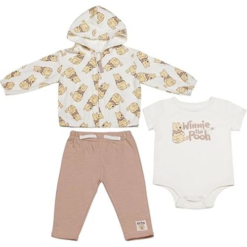 Magic Threadz Disney Clothes Baby Boys 3pc Layette Set – Mickey Mouse & Winnie the Pooh Bodysuit, Hooded Jacket, Pants(0M–9M)
