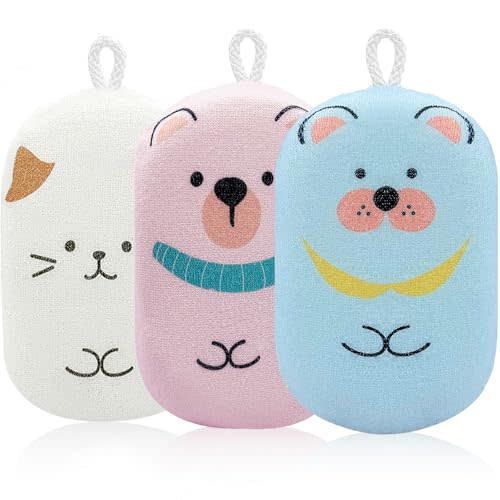 Baby and Kids Bath Loofah Sponge, Soft and Absorbent Toddler Exfoliating Body Scrubber Shower Loofa Sponge,Cute Pattern Design for Kids Baby Women Boys and Girl, 3 Pack (Bear/Dog/Cat)