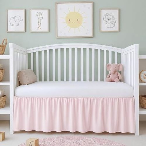 Gilprop 1 Pcs Pink Crib Skirt Linen Cotton Blend Dust Ruffle Crib Bed Skirt, 52" x 28" x 14.5" Drop Soft Breathable Nursery Bed Skirts for Baby Girls Toddler Beds Nursery Room Decor
