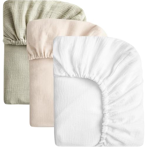 SOULFUL Muslin Crib Sheets for Boys Girls, 3 Pack Soft and Breathable Cotton Fitted Crib Sheets for Standard Crib Mattress (28"x 52", White & Beige & Mist Sage)