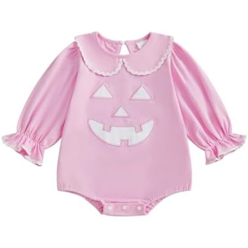 Infant Baby Boy Girl Halloween Outfit Puff Sleeve Peter Pan Collar Pumpkin Print Bubble Romper Fall Bodysuit