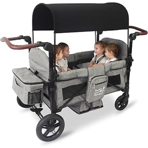 4 Seater Wagon Stroller, All-Terrain Stroller Wagon for 4 Kids with Extra Long Extender, Aluminum Foldable Baby Wagon with Large Storage Bag, Removable Canopy, Snack Tray, Adjustable Push/Pull Handle