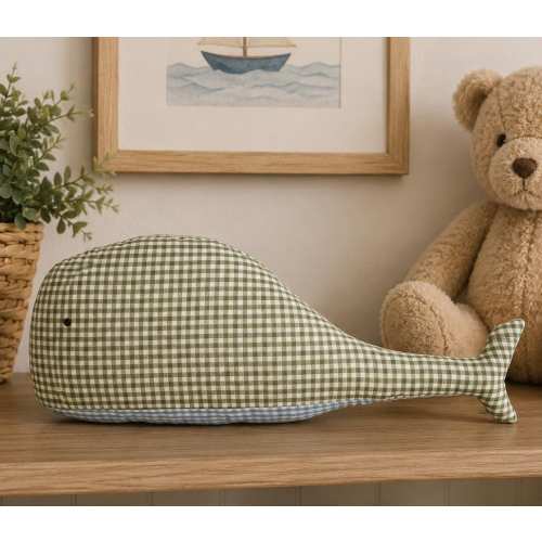 Handmade Whale Plush, Green Gingham Stuffed Whale, 17" Nautical Nursery Decor, Ocean Themed Room Decor, Baby Shower Gift, Coastal Nursery