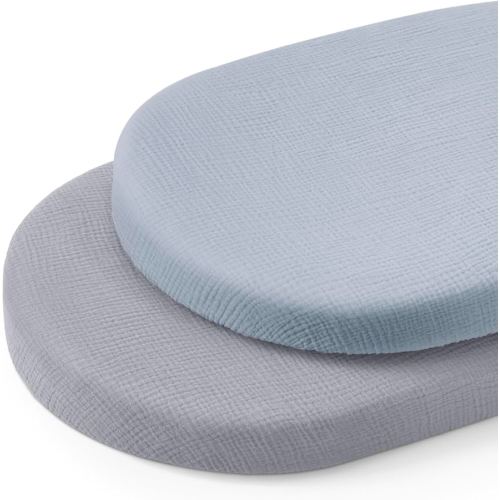 Blissful Diary Muslin Bassinet Sheets for Baby Girls Boys, Boho Soft Cotton Fitted for Oval Hourglass Rectangle Mattress, 2 Pack(Light Blue&Grey)