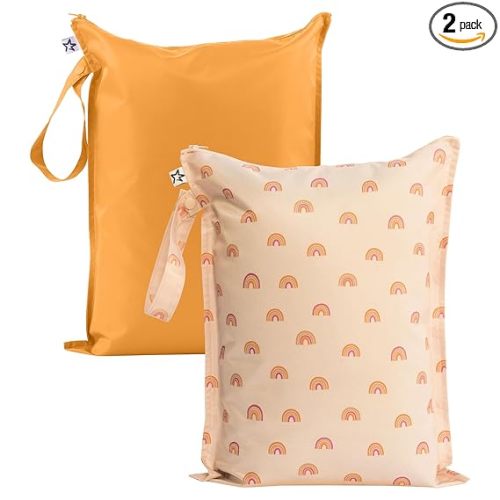 Tiny Twinkle Mess Proof Wet Bags | 2-Pack Reusable Waterproof Wet Bags for Swimsuits | Baby Clothes | Travel & Diaper Bag (Boho Rainbow)