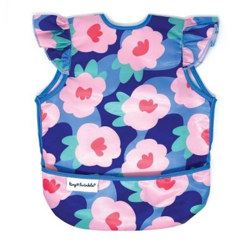 Tiny Twinkle Mess-Proof and Waterproof Baby Bib/Apron with Ruffled Shoulder, Machine Washable and BPA-Free (Floral Blue, Small 6-24 Months)