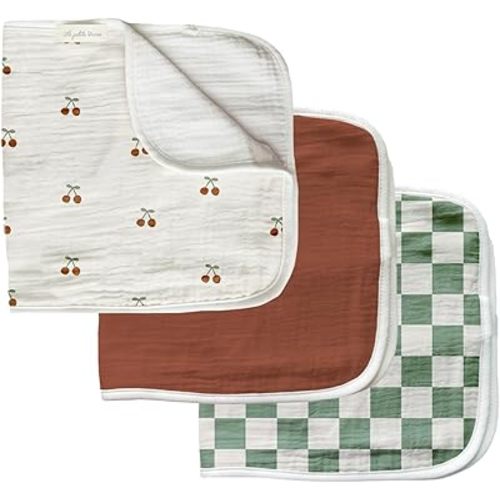 LA PETITE OURSE Baby Burp Cloths - Premium Absorbent Triple Layer - Superior Absorbency for Baby Reflux - Muslin Cotton and Microfiber Layers - 18.89"×9.44" - 3 Pack (Cherries Set)