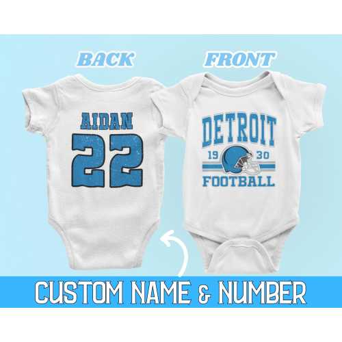 #97 Custom Detroit Football Onesies®, Personalized Detroit Retro 80s Style Baby Bodysuit, Trendy Game Day Baby Tshirt, Football Baby Shower Gift