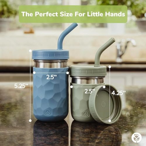 WeeSprout 2-in-1 Drinking Cups for Kids, Durable 304 Stainless Steel Cups, Silicone Straws with Straw Stoppers, Premium Hard Plastic Twist Lids, Easy-Grip Sleeves, Set of 4 Dishwasher Safe Kid Cups - 12 oz - Matte Green, Pink, Blue and Dark Gray