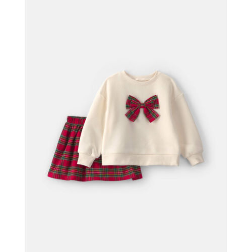 Baby Girl 2-Piece Bow Plaid Fleece Long-Sleeve Top & Skort Set - Cream/Red | Carter's