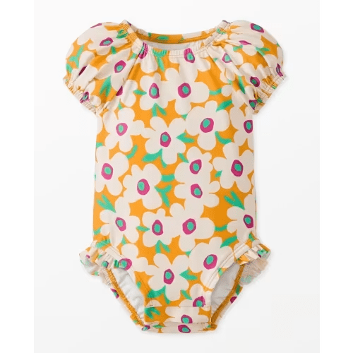 (6-12M) Baby One-Piece Puff Sleeve Swimsuit - Bold Poppy on Radiant Yellow