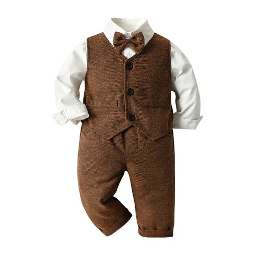 Gubotare Baby Suit Toddler Kids Baby Boys Formal Suit Gentleman Outfit Long Sleeve Shirt with Bowtie + Vest + Pants Overalls Clothes 3 6 Months,(Brown 3-6 Months)