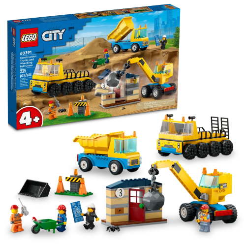 LEGO City Construction Trucks and Wrecking Ball Crane 60391 Building Toy Set for Toddler Kids Ages 4+, Includes 3 Construction Vehicles, An Abandoned House and 3 Minifigures for Pretend Play
