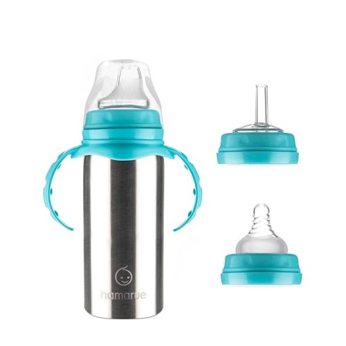 3-in-1 Stainless Steel Sippy Cups for Toddlers | Non-Toxic Insulated Stainless Steel Baby Bottle | Straw Cup with Removeable Handles | Plastic Free Liquid Transfer (Teal, 6 oz)