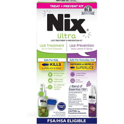 Nix Lice Treatment & Prevention Kit, All-in-One Shampoo, 4 fl oz, with Lice Removal Comb and Lice Prevention Daily Leave-in Spray, 6 fl oz