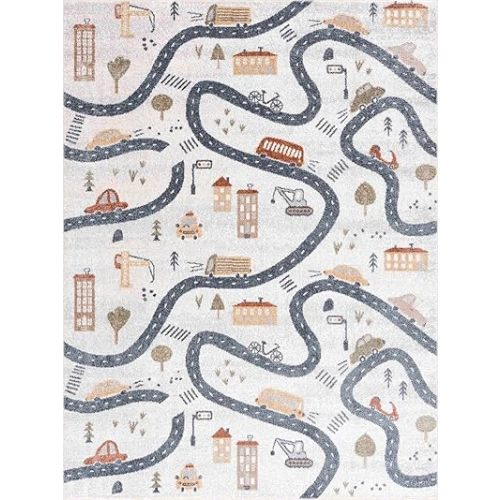 BoutiqueRugs Mave Road Rug for Kids, Toddler Room, Nursery, Playroom, Classroom- Machine Washable - Cream, Red, Blue, Gray - 5'3" x 7'