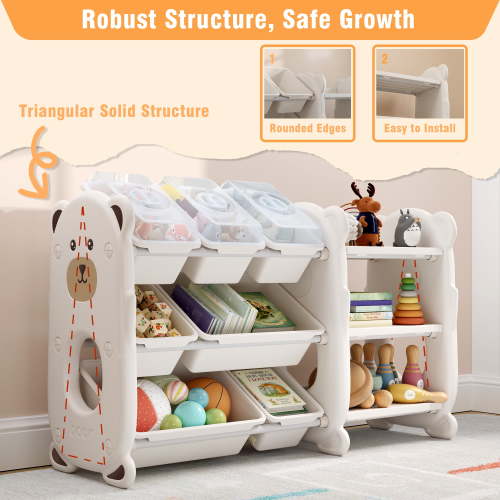 Joqixon Kids Toy Storage Organizer, 3-Tier Bookshelf with 7 Removable Storage Bins, Toddler Toy Rack for Kids Room, Playroom, Nursery