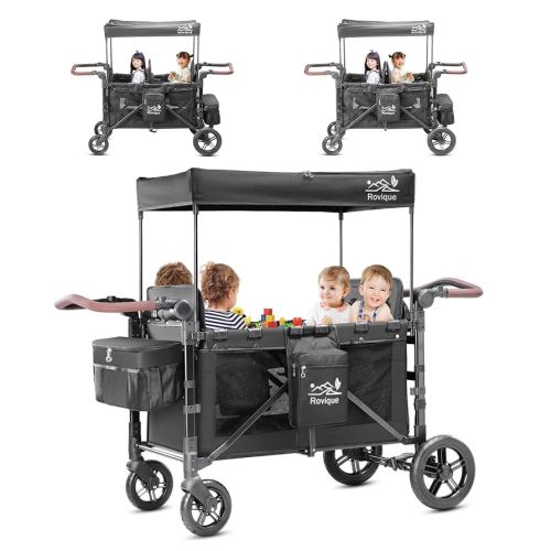 4 Seater Wagon Stroller,Foldable All-Terrain Quad Wagon Stroller with Canopy,Detachable Tray,Adjustable Handle, High Seat & Large Storage,Black